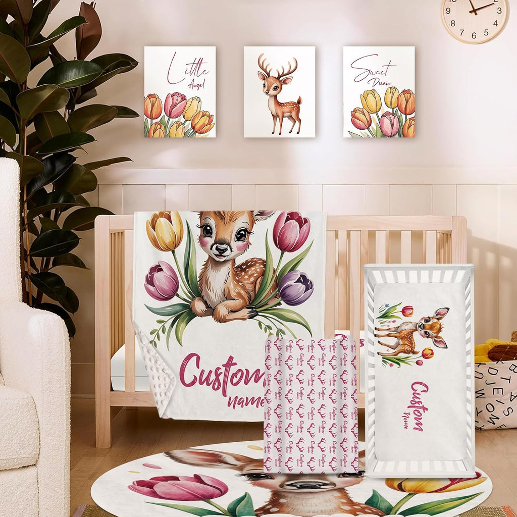 Personalized Crib Bedding Set for Baby Girls, Custom Name Baby Crib Sets 5-Pcs - Toddler Double Layer Blanket Fitted Sheet Changing Pad Cover Rug Wall Art Set, Sika Deer Theme Nursery Décor