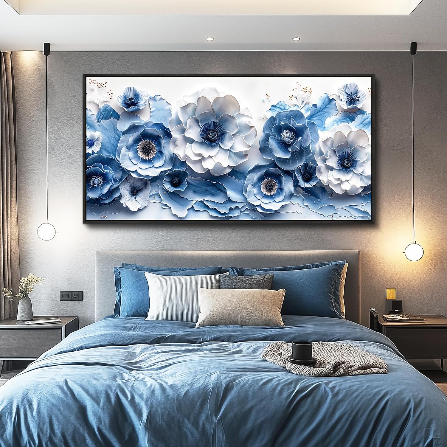 XIGUANGART Large Wall Art for Living Room Blue and White Flower Prints Paintings for Office Modern Black Framed Artwork Floral Pictures Wall Decoration for Bedroom Kitchen Women Aesthetic Home Decor