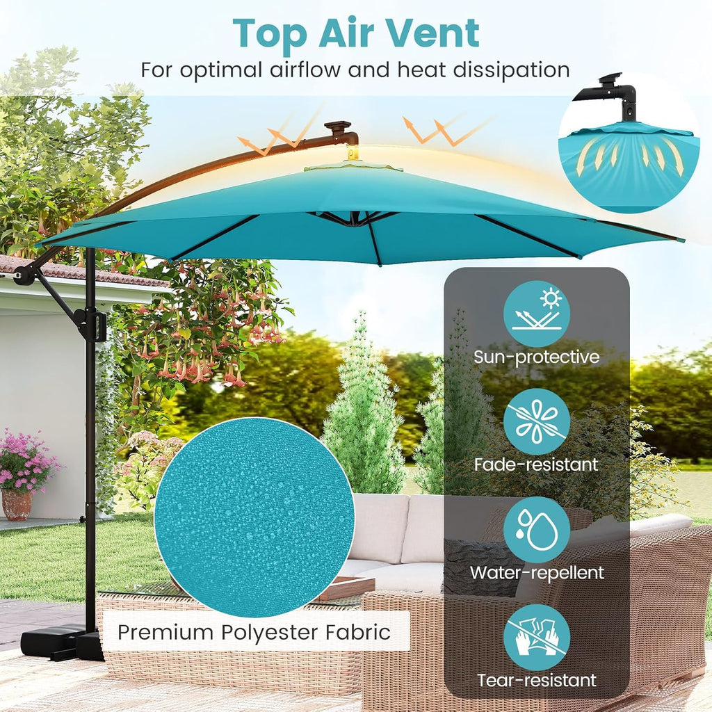 Tangkula 10 FT Solar Patio Umbrella with Base Included, Cantilever Offset Hanging Outdoor Umbrella with 96 Multi-Colored Flowing LED Lights, 9 Modes, Tilt Adjustment, 360° Rotation, Crank for Pool Yard Deck Lawn (Turquoise)