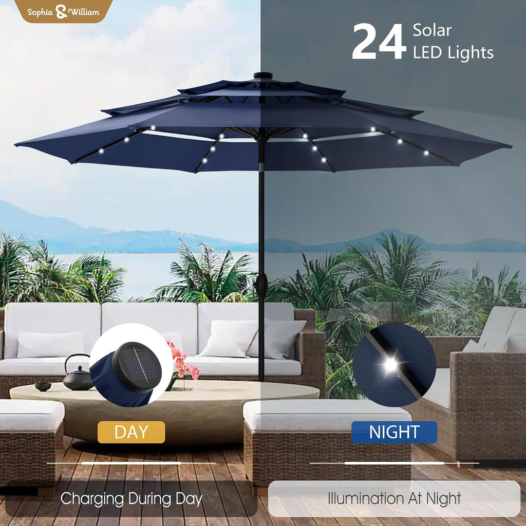 Sophia & William 10ft Patio Umbrellas 3-Tier Umbrella Outdoor Patio Umbrellas with Lights Vented Top 24 LED lights Adjustable Tilt for Pool Garden Backyard, Navy