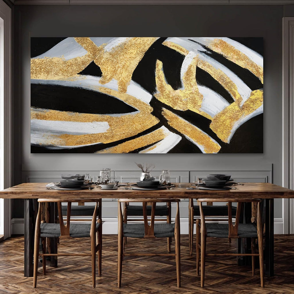 Kureful Line Wall Decor Black and Gold Canvas Art Large Dining Room Wall Pictures 29'x58' Wall Decorations for Living Room Textured Artwork