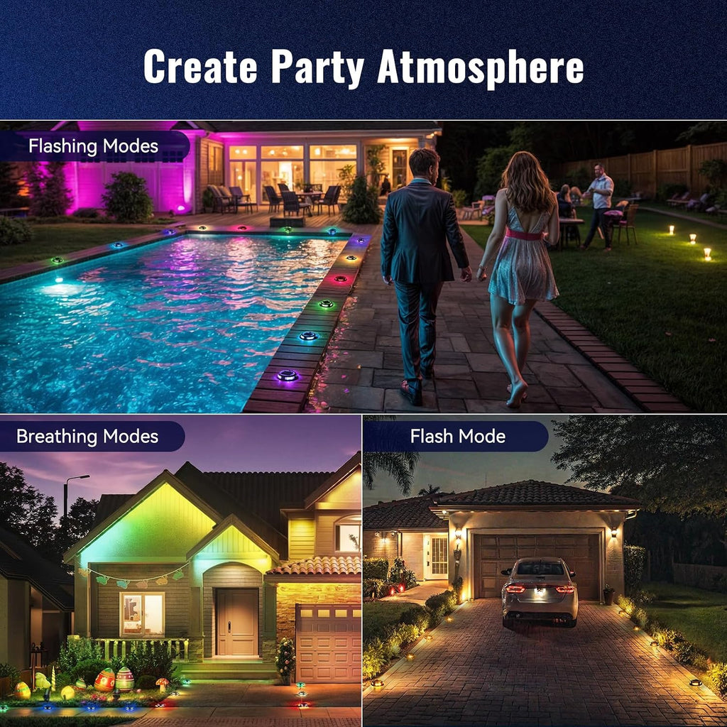 Solar Driveway Lights Outdoor 24 Pack, RGB Colors Solar Deck Dock Lights Outdoor Waterproof IP68, 3 Dynamic Light Modes Driveway Marker for Warning Stair, Boat Dock, Step, Walkway, Patio Decor