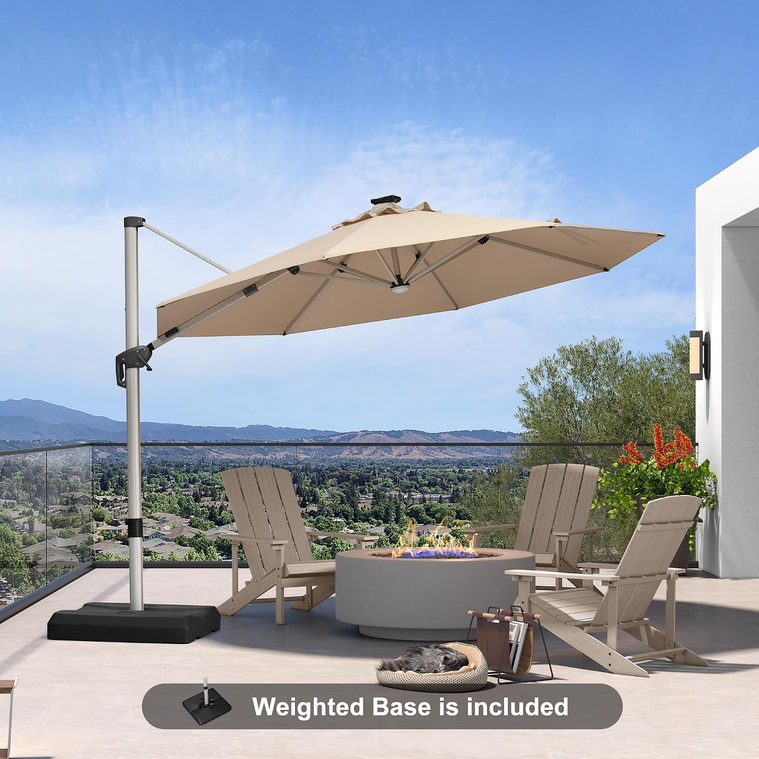 PURPLE LEAF Cantilever Umbrella with base 11ft Outdoor Round Patio Solar Powered LED Umbrella with 360-degree Rotation for Garden Deck Pool Patio, Beige