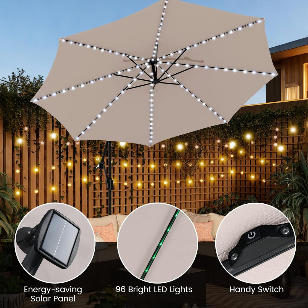 Tangkula 10 FT Solar Patio Umbrella with Base Included, Cantilever Offset Hanging Outdoor Umbrella with 96 Multi-Colored Flowing LED Lights, 9 Modes, Tilt Adjustment, 360° Rotation, Crank for Pool Yard Deck Lawn (Beige)