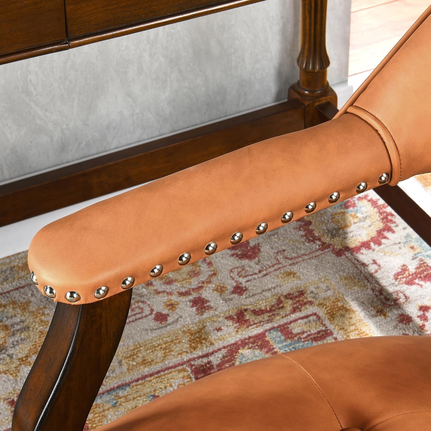 Dining Chairs with Upholstered,Office Desk Chair with Arms and Metal Rivets. PU Boss Captain's Chairs,Classic Accent Stools for Dining Room, Bedroom Brown Legs & Orange NX173-318OR