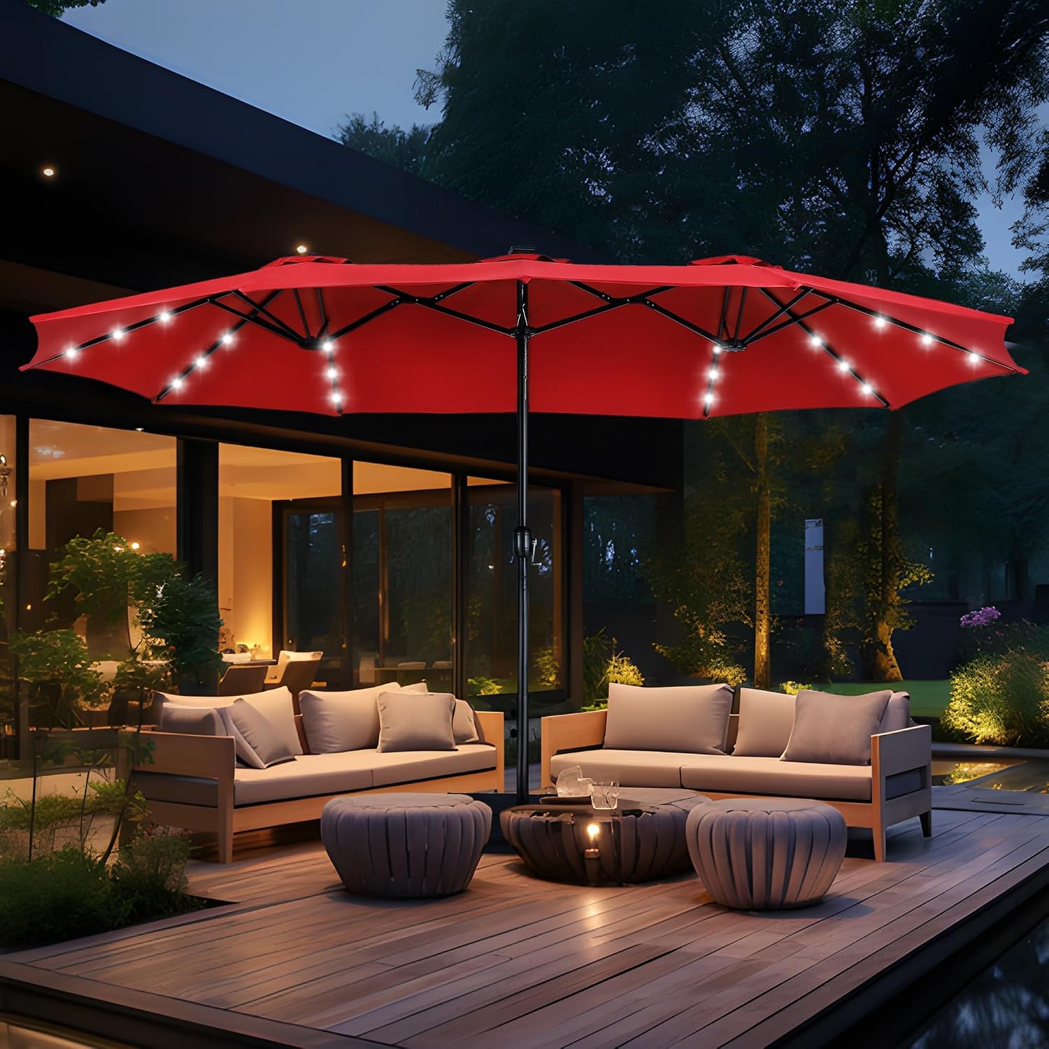 MFSTUDIO 15ft Patio Umbrella with Solar Lights, Outdoor Large Rectangular Umbrellas with Base, Crank Handle and 36 LED Lights for Yard Deck Pool, Burgundy Red
