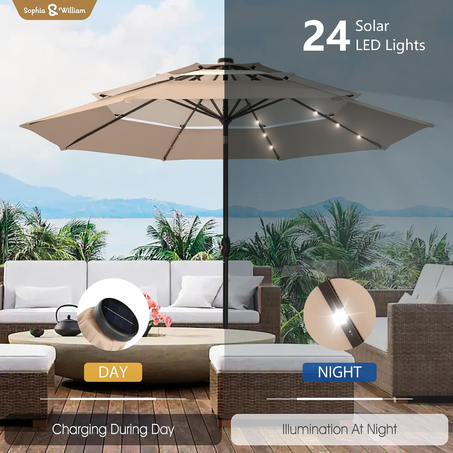 Sophia & William 10ft Patio Umbrellas 3-Tier Umbrella Outdoor Patio Umbrellas with Lights Vented Top 24 LED lights Adjustable Tilt for Pool Garden Backyard, Mixed Beige
