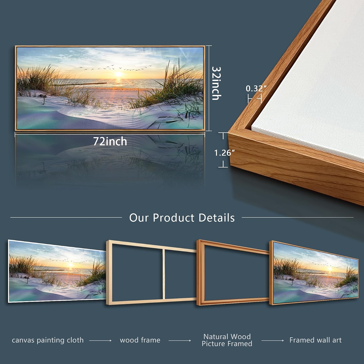 Wapluam Beach Wall Art For Living Room Coastal Canvas Prints Artwork Ocean Seascape Wall Paintings Nature Landscape Wall Decor Pictures for Bedroom Office Hotel Extra Large Framed Home Decor 32x72 In