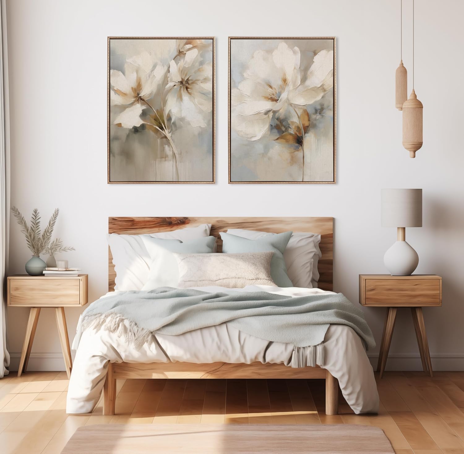 Kate and Laurel Sylvie Beaded Abstract Botanical Floral Linen Painting 1 and 2 Vintage Framed Canvas Wall Art Set by The Creative Bunch Studio, 2 Piece Set 28x38 Beaded Gold