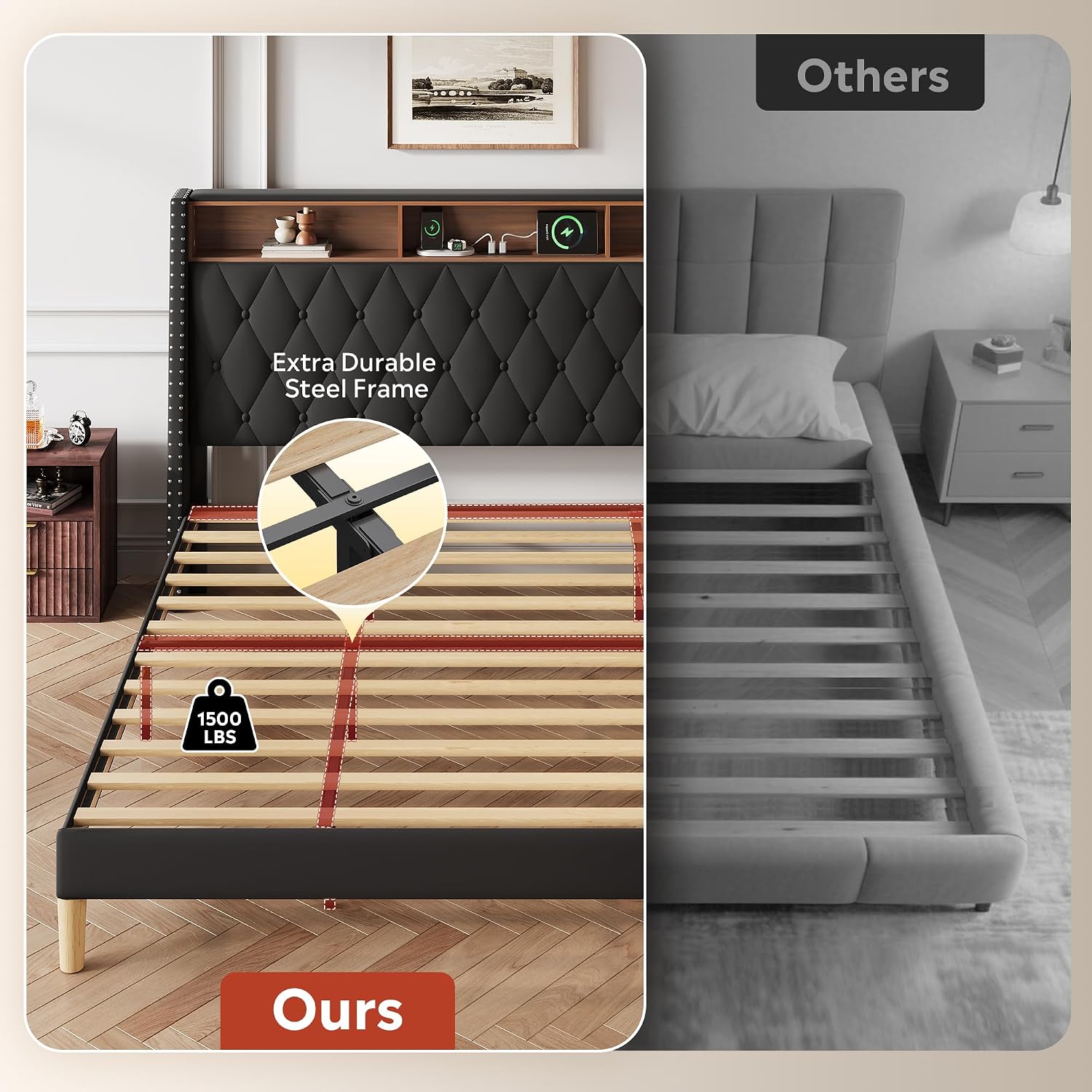 WLIVE King Size Upholstered Bed Frame with 48'' Tall Wingback Headboard, Velvet Square Tufted Platform Beds with Charging Station, Sturdy Metal & Wooden Slats Support, Black