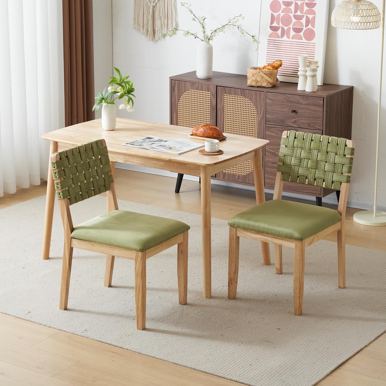 VINGLI Sage Green Woven Wooden Dining Chairs Set of 2,Armless Mid Century Modern Desk Chairs with Rivet&Foot Pegs,Upholstered Farmhouse Comfy Chair No Wheels for Dining Room,Living Room,Oak,Suede