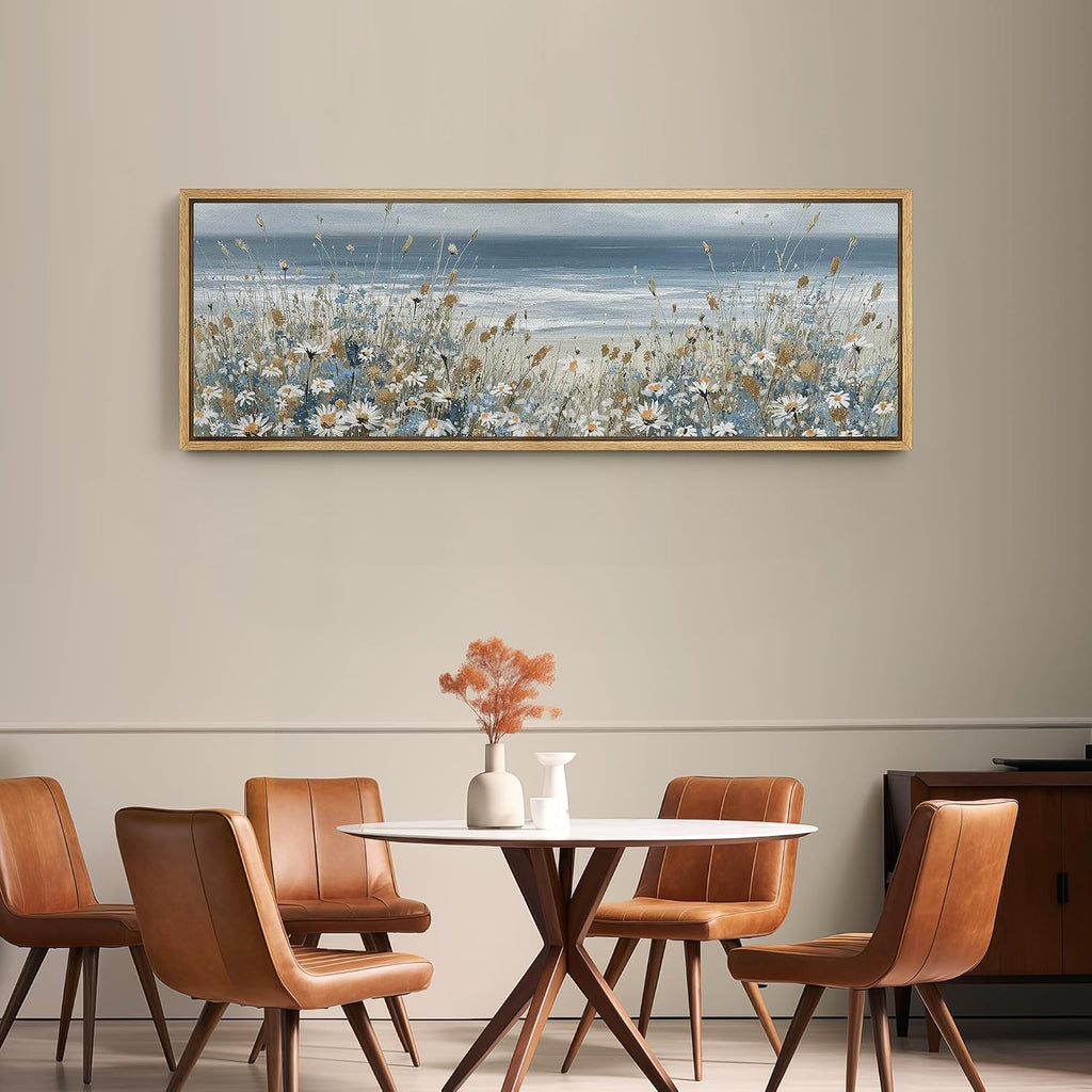 SIGNFORD Large Framed Canvas Print Wall Art Coastal Wildflowers Beach Meadow Landscape in Soft Blue and Beige Tones Illustrations Modern Art Relax/Calm Warm for Living Room, Bedroom, Office - 60'x20'
