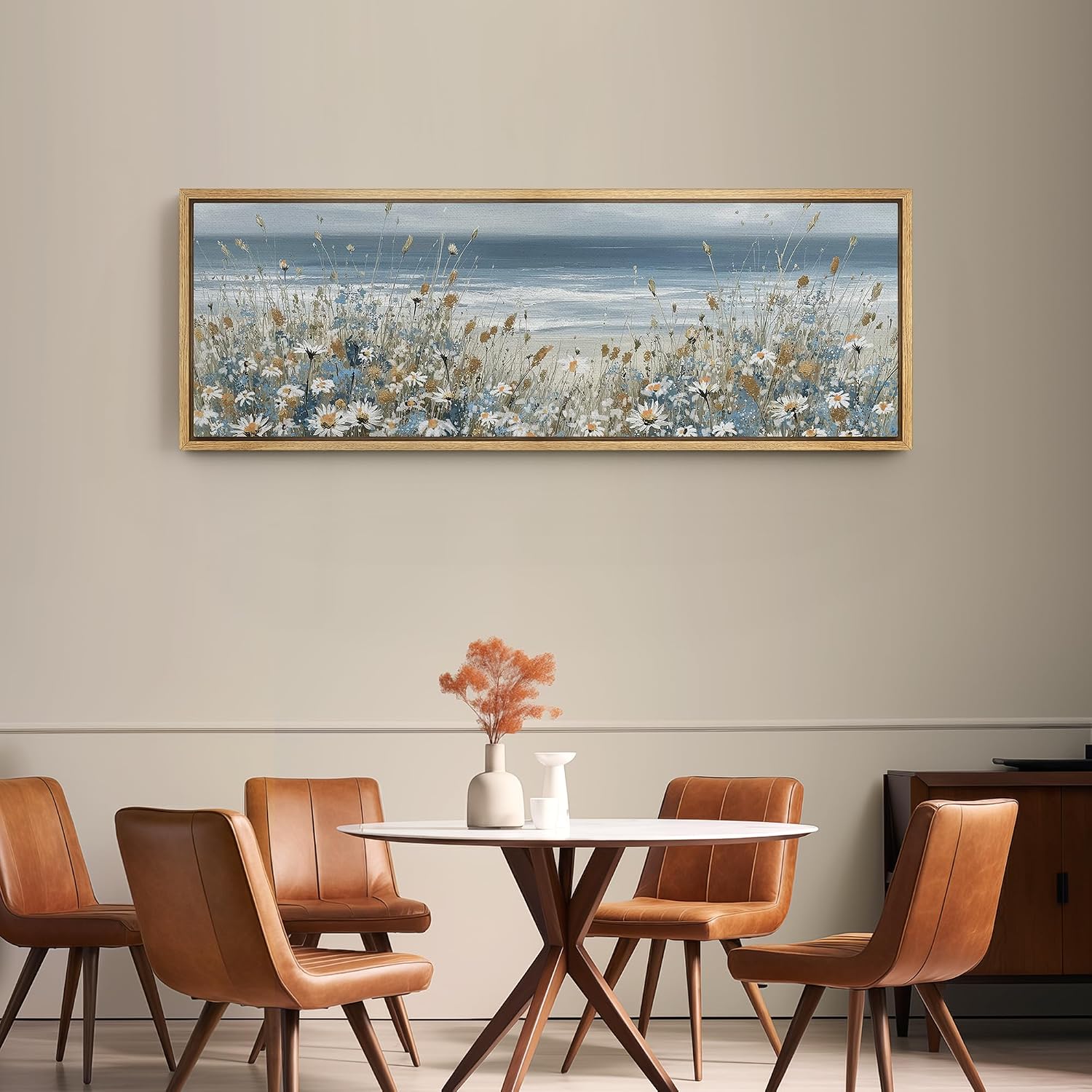 SIGNFORD Large Framed Canvas Print Wall Art Coastal Wildflowers Beach Meadow Landscape in Soft Blue and Beige Tones Illustrations Modern Art Relax/Calm Warm for Living Room, Bedroom, Office - 60'x20'