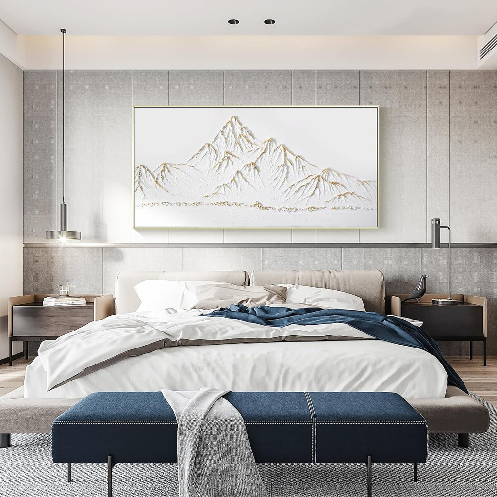 White and Gold Framed Paintings Textured Wall Art - 3D Mountain 100% Hand Painted Canvas Home Decor 48x24 Large Horizontal Contemporary Artwork Decoration for Living Room Bedroom