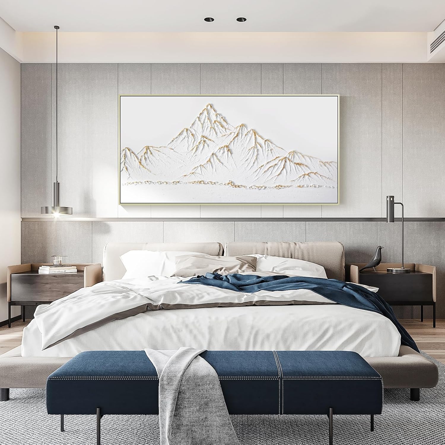 White and Gold Framed Paintings Textured Wall Art - 3D Mountain 100% Hand Painted Canvas Home Decor 48x24 Large Horizontal Contemporary Artwork Decoration for Living Room Bedroom