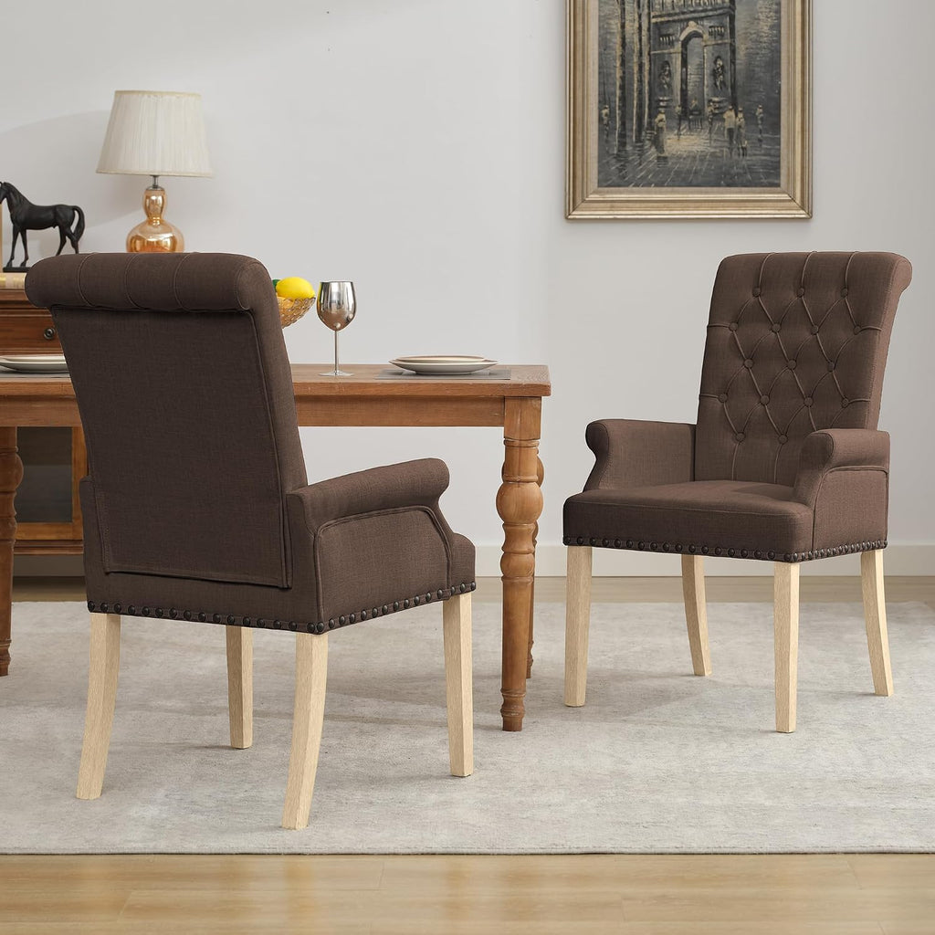 LOULENS Fabric Dining Chairs, Modern Upholstered Tufted Dining Room Chairs with Arms and Solid Wood Legs for Home, Kitchen Living Room, Brown