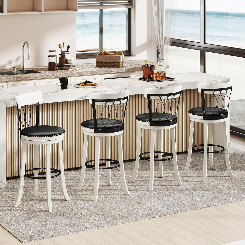 Giantex 30' Bar Stools Set of 4, Swivel Bar Height Bar Chairs with Footrest, Rubber Wood Frame & Tufted Rivets, Upholstered Modern PVC Leather Barstools for Kitchen Island & Pub
