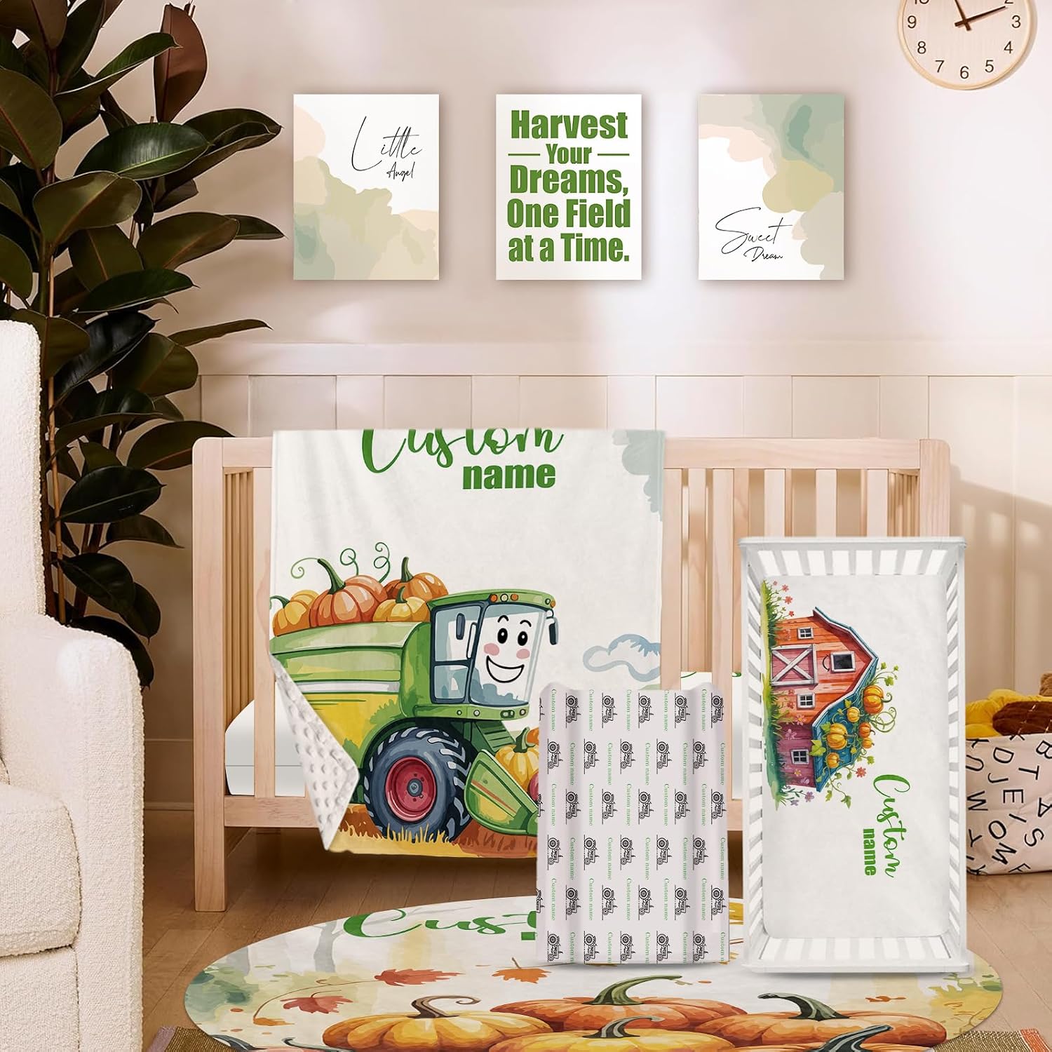 Personalized Crib Bedding Set for Baby Boys, Farm Truck Pattern Custom Name Baby Crib Sets 5-Pcs, Double Layer Baby Blanket Fitted Sheet Changing Pad Cover Rug Wall Art Set