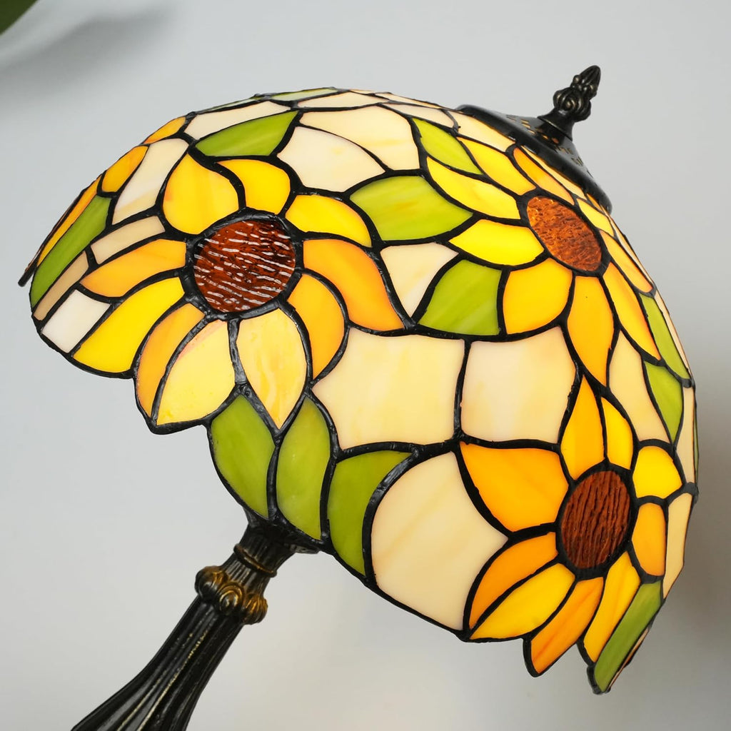 Sunflower Tiffany Style Table Lamp, Elegant Bedside Table Lamp with Stained Glass Shade, Reading Desk Light for Living Room Bedroom Yellow Finish