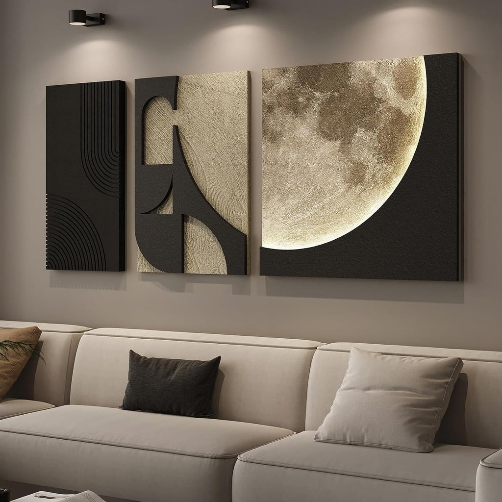 3D LED Abstract Wall Art for Living Room, 3 Piece Neutral Geometric Relief Artwork with Moon Design, Modern Minimalist Black Beige Paintings Wall Decor for Bedroom Dining Room Hallway Entryway Office