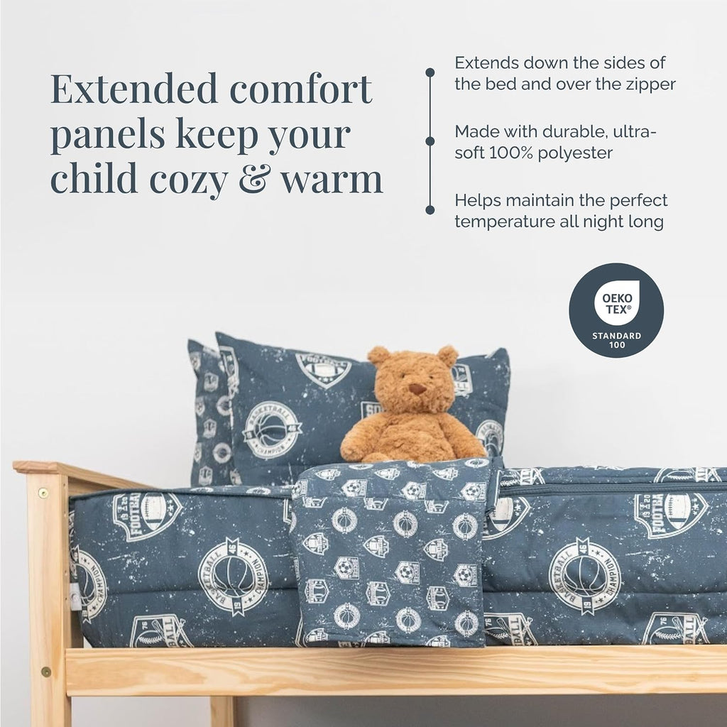Beddy's Sports Theme Durable Zipper Bedding for Kids - Bed in a Bag - Blue Sheets with Baseball, Football, Basketball, Soccer Comforter - Includes Pillowcase & Sham - Easy to Make & Wash - Full