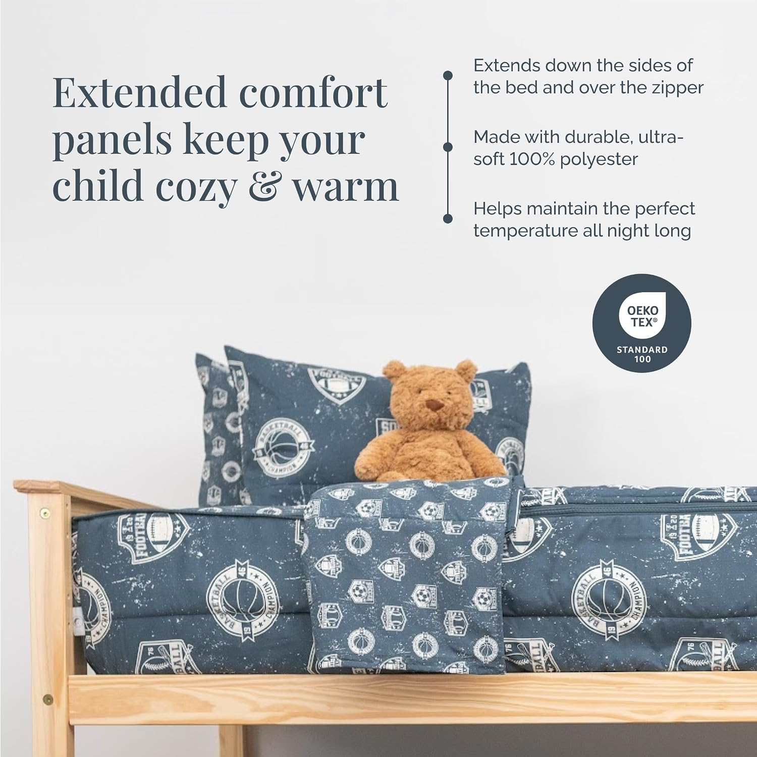 Beddy's Sports Theme Durable Zipper Bedding for Kids - Bed in a Bag - Blue Sheets with Baseball, Football, Basketball, Soccer Comforter - Includes Pillowcase & Sham - Easy to Make & Wash - Full