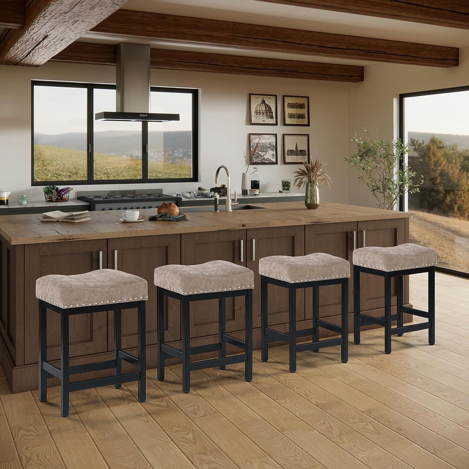 OUllUO Bar Stools Set of 4, 25 Inches Counter Height Bar Stools, Taupe Fabric Saddle Seat Bar Stools with Nailhead, Black Metal Kitchen Barstools for Kitchen Counter, 918P-FBDR4