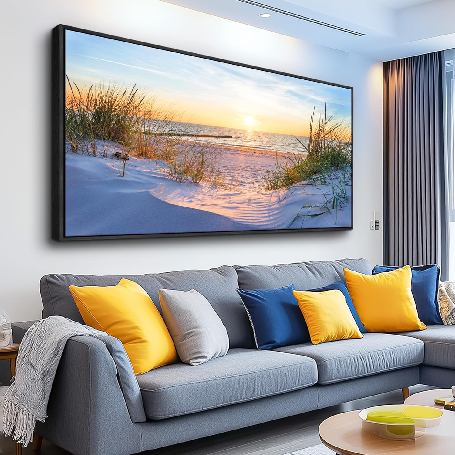 MHARTK66 Canvas Wall Art For Living Room Large Wall Decor For Office Bedroom Poster Art Prints Sun Seascape Wall Painting Blue Ocean Pictures Artwork For Walls Black Wood Framed 24' X 48'