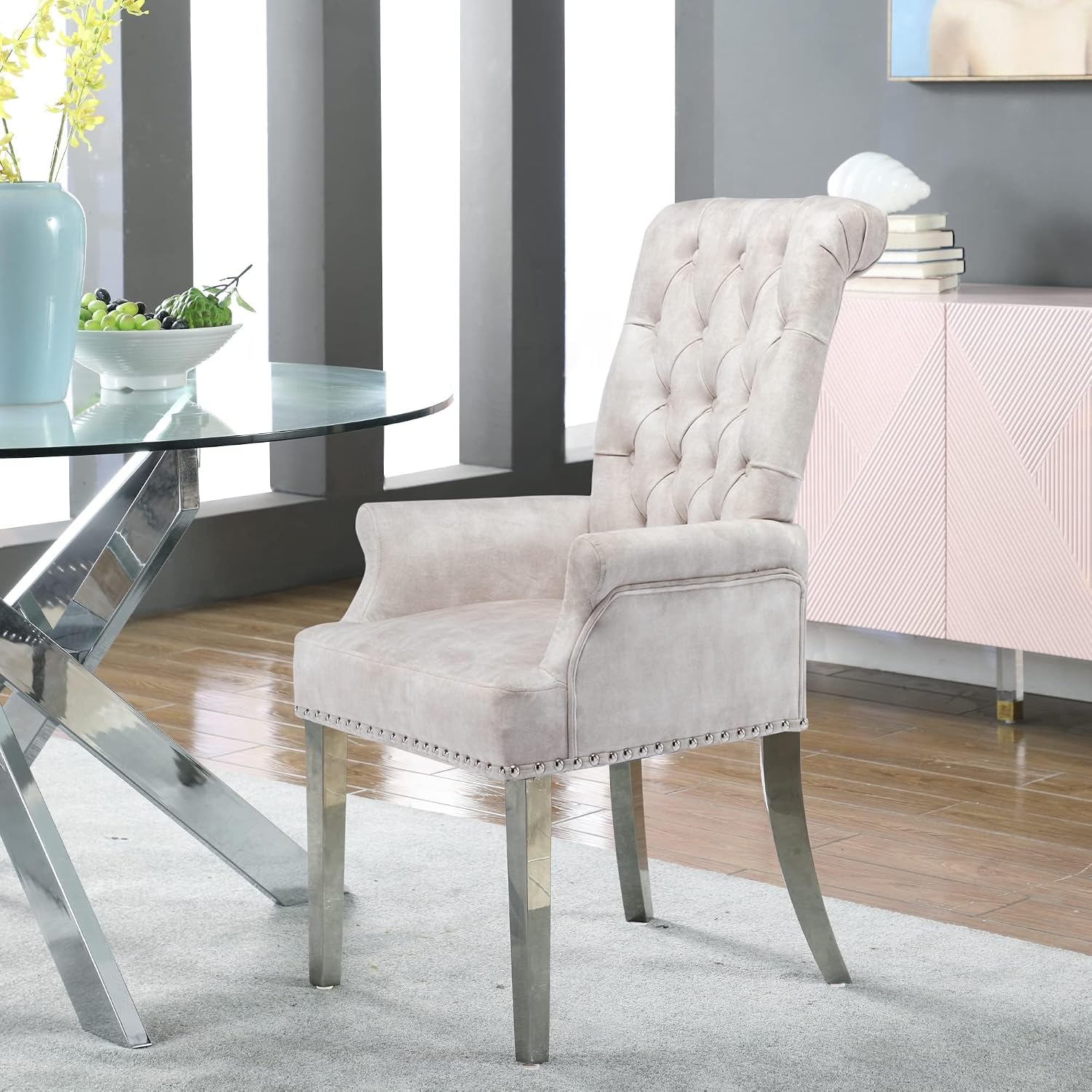 LOULENS Luxurious Velvet Dining Chairs Set of 2, Modern Upholstered Dining Chair with Arms, Tufted High Back Dining Room Chairs with Stainless Steel Leg for Kitchen & Dining Room, Beige