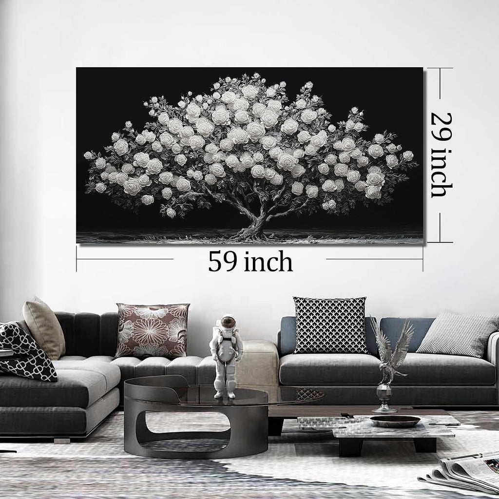 JuhaiArt Tree Painting Canvas Bedroom Black Poster Floral Wall Decor White Rose Wall Picture for Living Room Home Office 29'x 59'