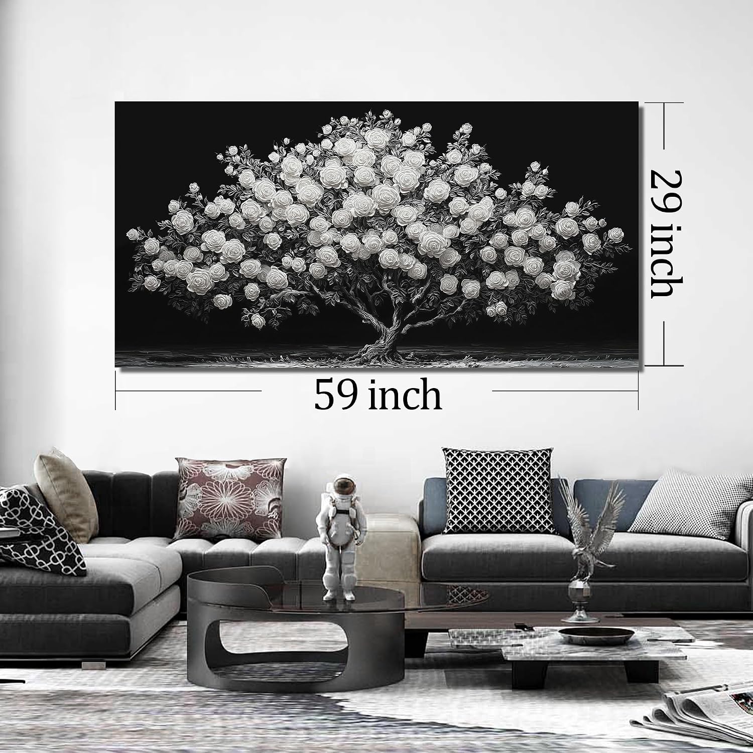 JuhaiArt Tree Painting Canvas Bedroom Black Poster Floral Wall Decor White Rose Wall Picture for Living Room Home Office 29'x 59'