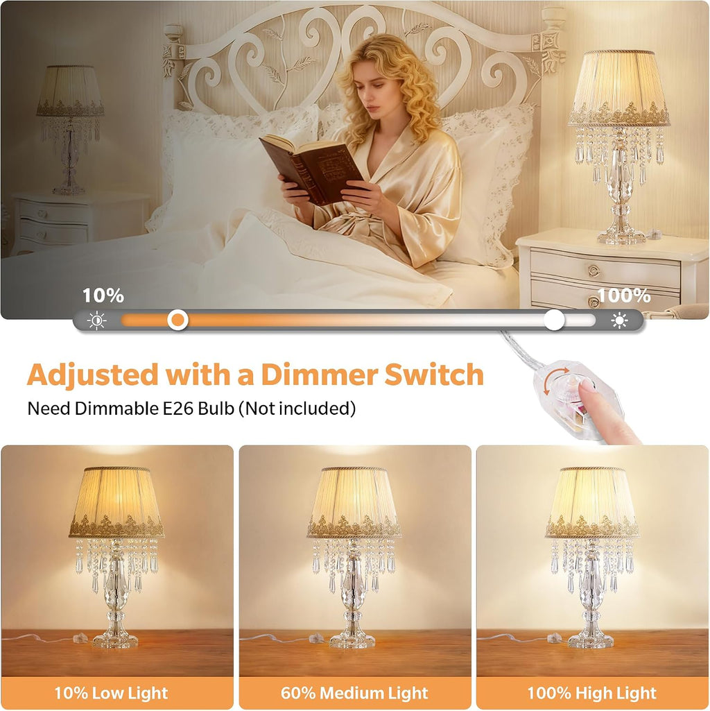 Crystal Table Lamp Set of 2, Bedside Lamps with Beige Chiffon Fabric Lampshade, Dimmable Plug-in Nightstand Reading Lamps with Raindrop Crystals for Bedroom, Living Room, W11.8'' X H21.7''