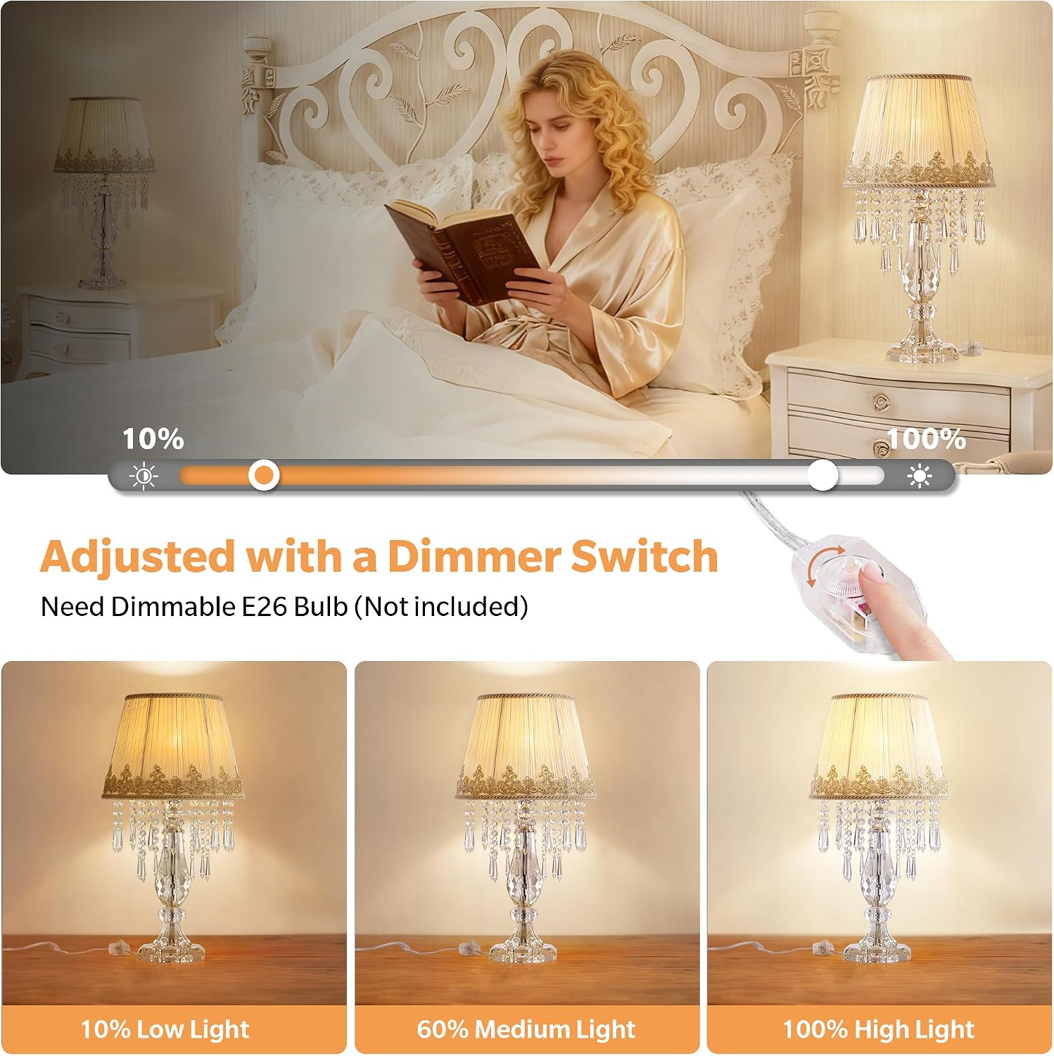 Crystal Table Lamp Set of 2, Bedside Lamps with Beige Chiffon Fabric Lampshade, Dimmable Plug-in Nightstand Reading Lamps with Raindrop Crystals for Bedroom, Living Room, W11.8'' X H21.7''