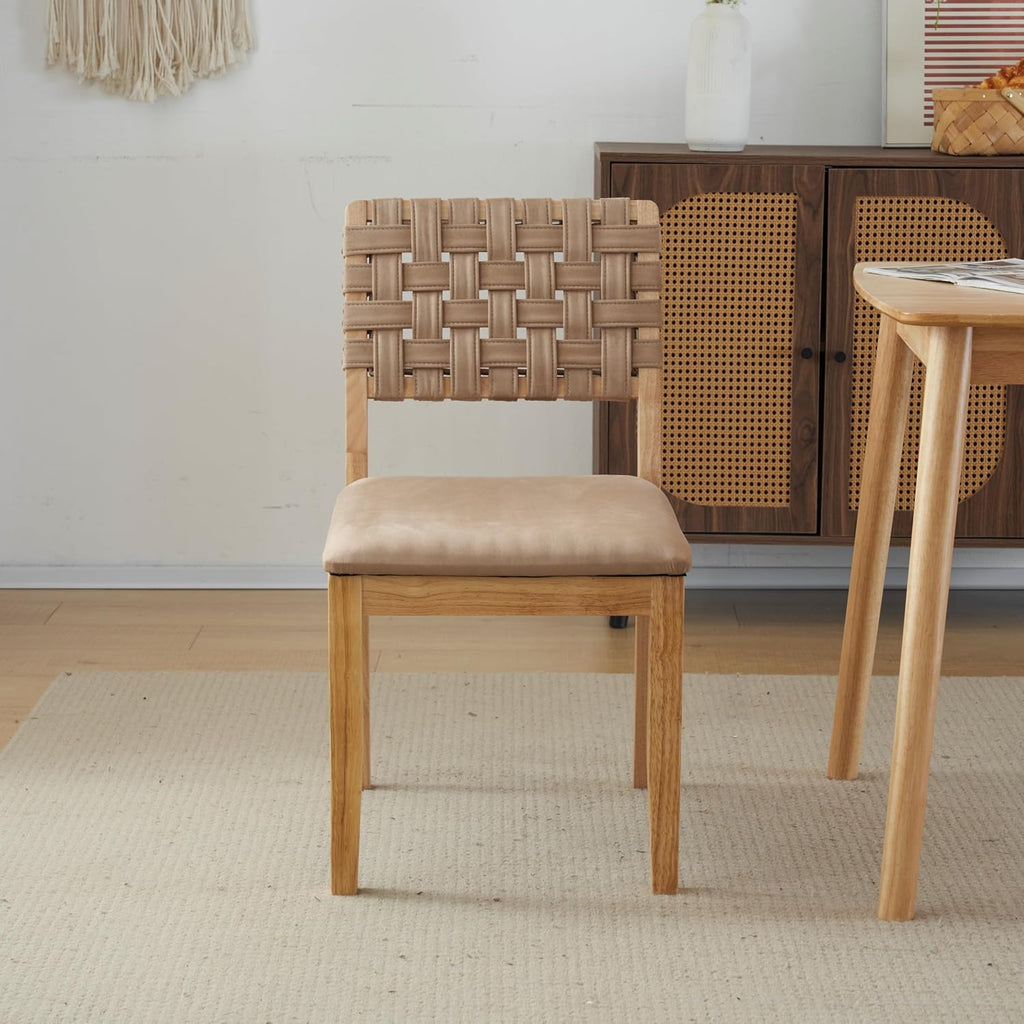 VINGLI Khaki Woven Wooden Dining Chairs Set of 2,Armless Mid Century Modern Desk Chairs with Rivet&Foot Pegs,Upholstered Farmhouse Comfy Chair No Wheels for Dining Room,Living Room,Kitchen,Oak,Suede