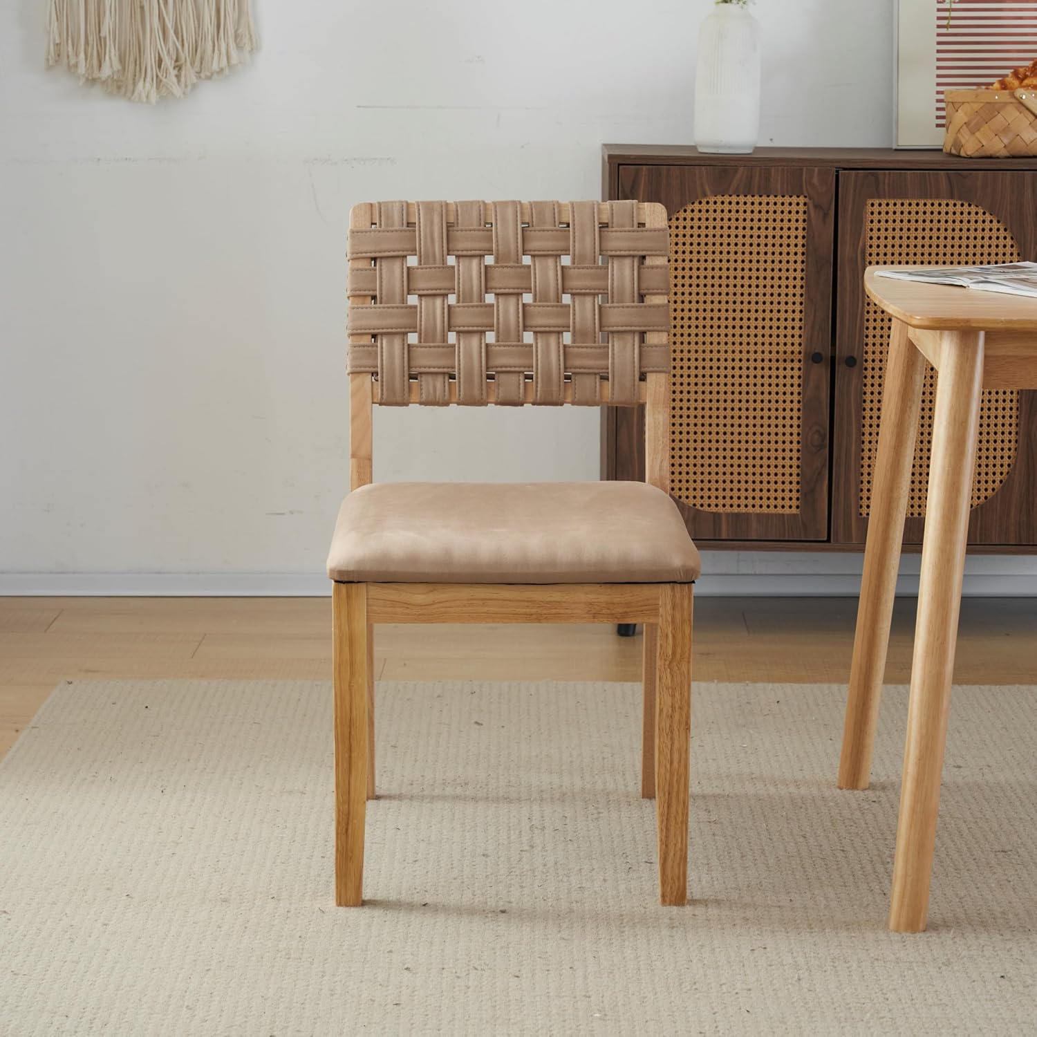 VINGLI Khaki Woven Wooden Dining Chairs Set of 2,Armless Mid Century Modern Desk Chairs with Rivet&Foot Pegs,Upholstered Farmhouse Comfy Chair No Wheels for Dining Room,Living Room,Kitchen,Oak,Suede