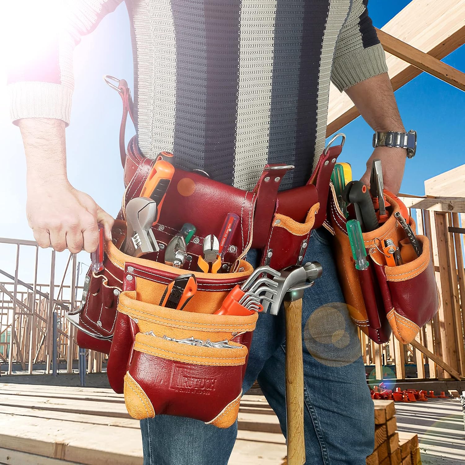 Grain Leather Tool Belt | Tool Rig Set | Tool Pouch | Drywall | Carpenter Tool Bag | Leather Tool Belts for Men | Construction | Framers | Electrician (Maroon)