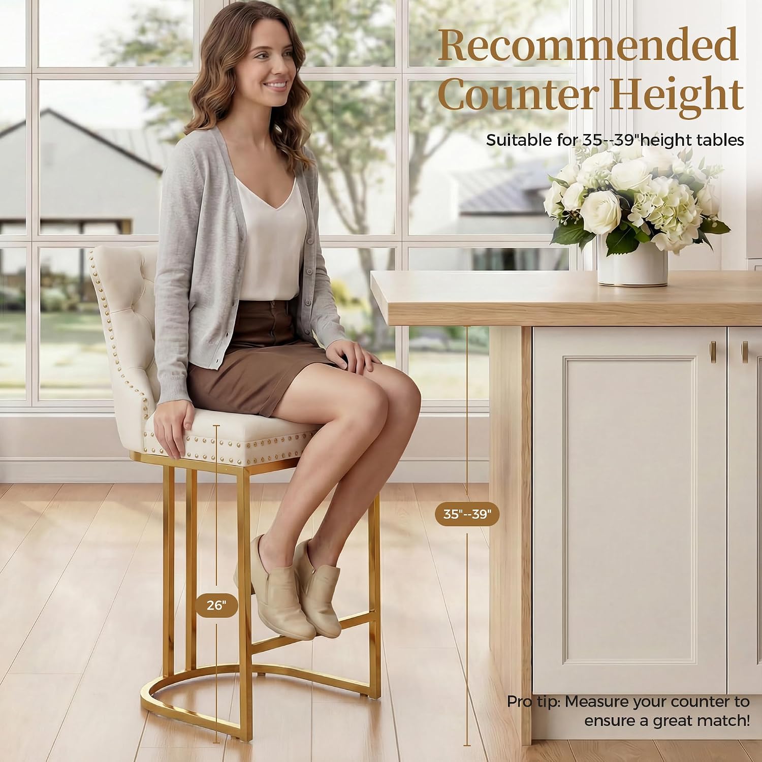 AQO Counter Height Bar Stools Set of 3 for Kitchen Island, Modern Bar Stools with Backs, 26 Inch Barstools with Upholstered Velvet Seat and Gold Legs, Beige