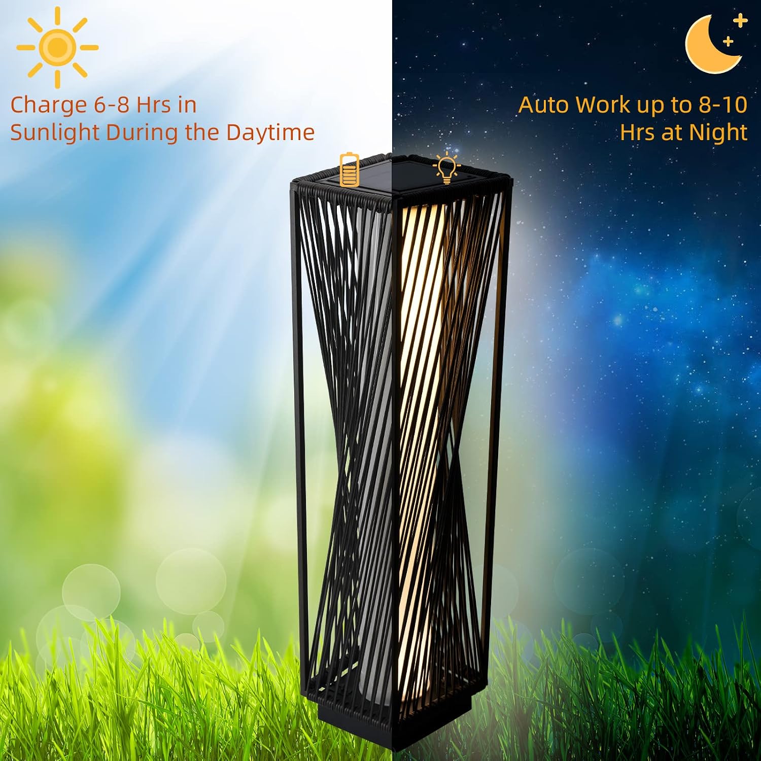 Solar Yard 2 Piece Outdoor Solar Floor Lamp Resin Wicker Solar Light Outdoor Waterproof for Yard, Garden, Pathway, Deck, Dazzle Dance (Brown 2 Piece)