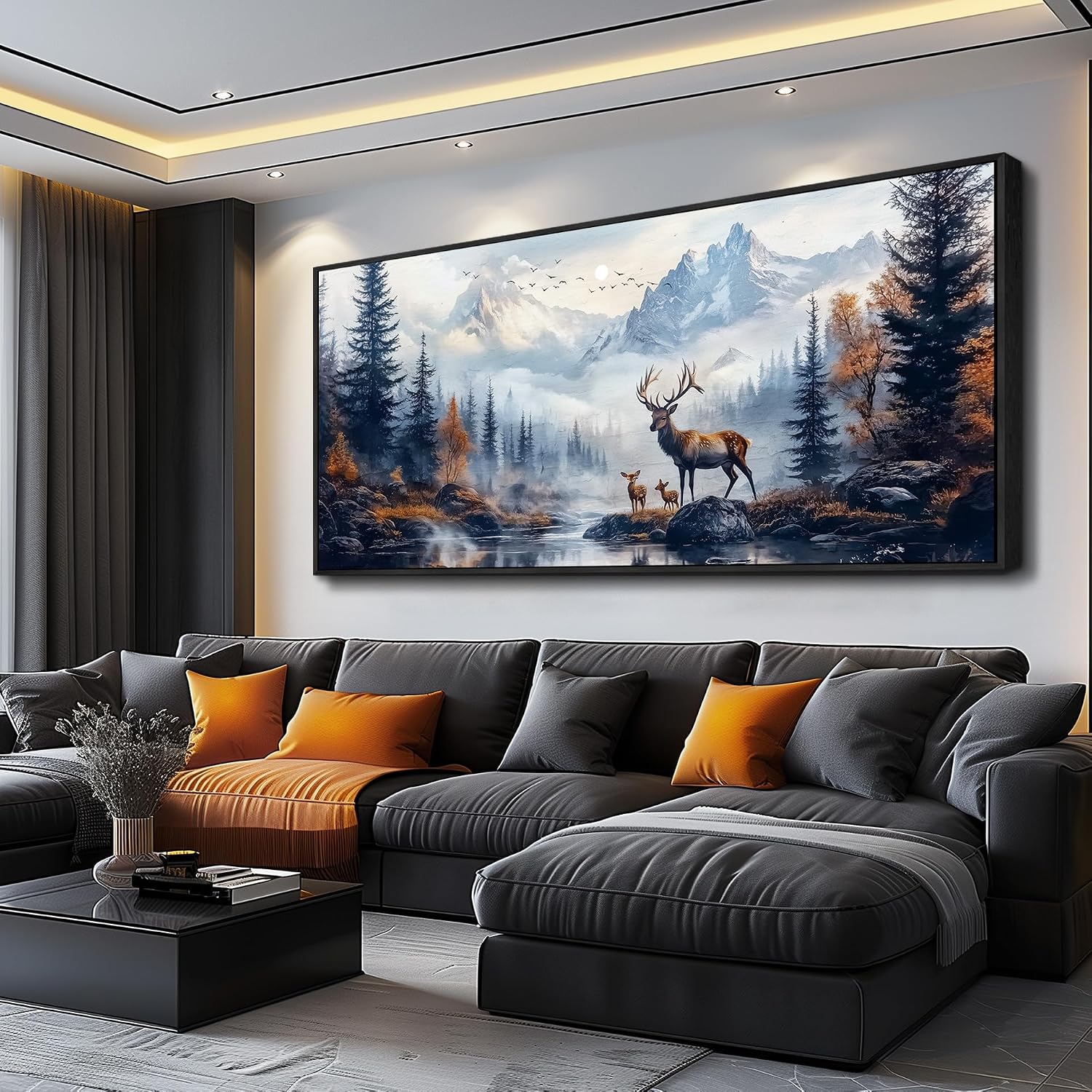 KELIYUAN Large Canvas Lushan Mountain Scenery Wall Art For Living Room Black Framed Wall Decorations For Bedroom Office Murals Printed Artworks Restaurant Wall Artwork Home Decor Aesthetics 32'X72'