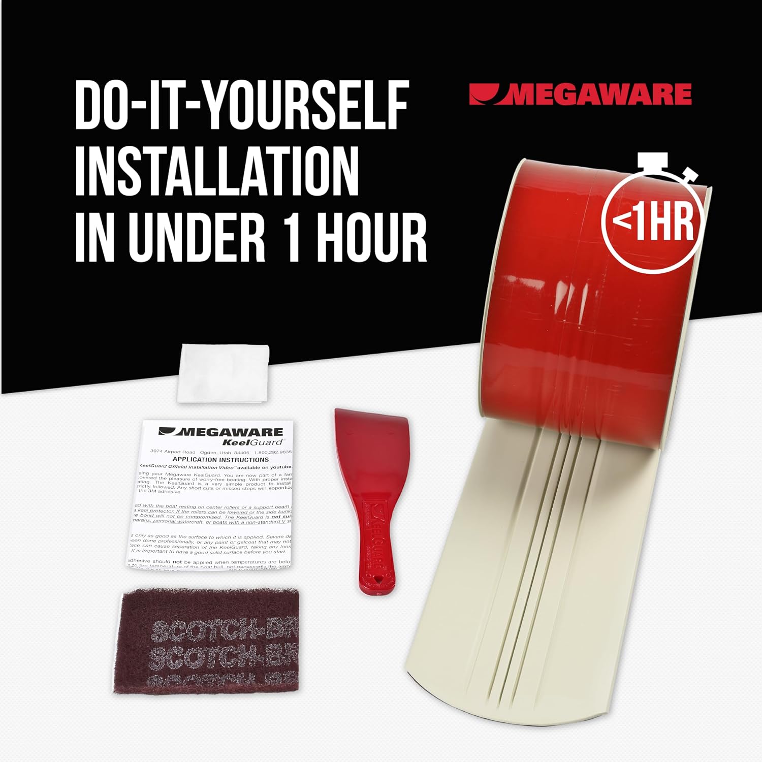 MEGAWARE KEELGUARD USA-Made, Original DIY Keel Guard, 5-Inch Wide, 4-12ft Sizes, 11 Colors, Complete Install Kit with Primer, Hull Protector, for Fiberglass and Some Aluminum Boats, Marine-Grade