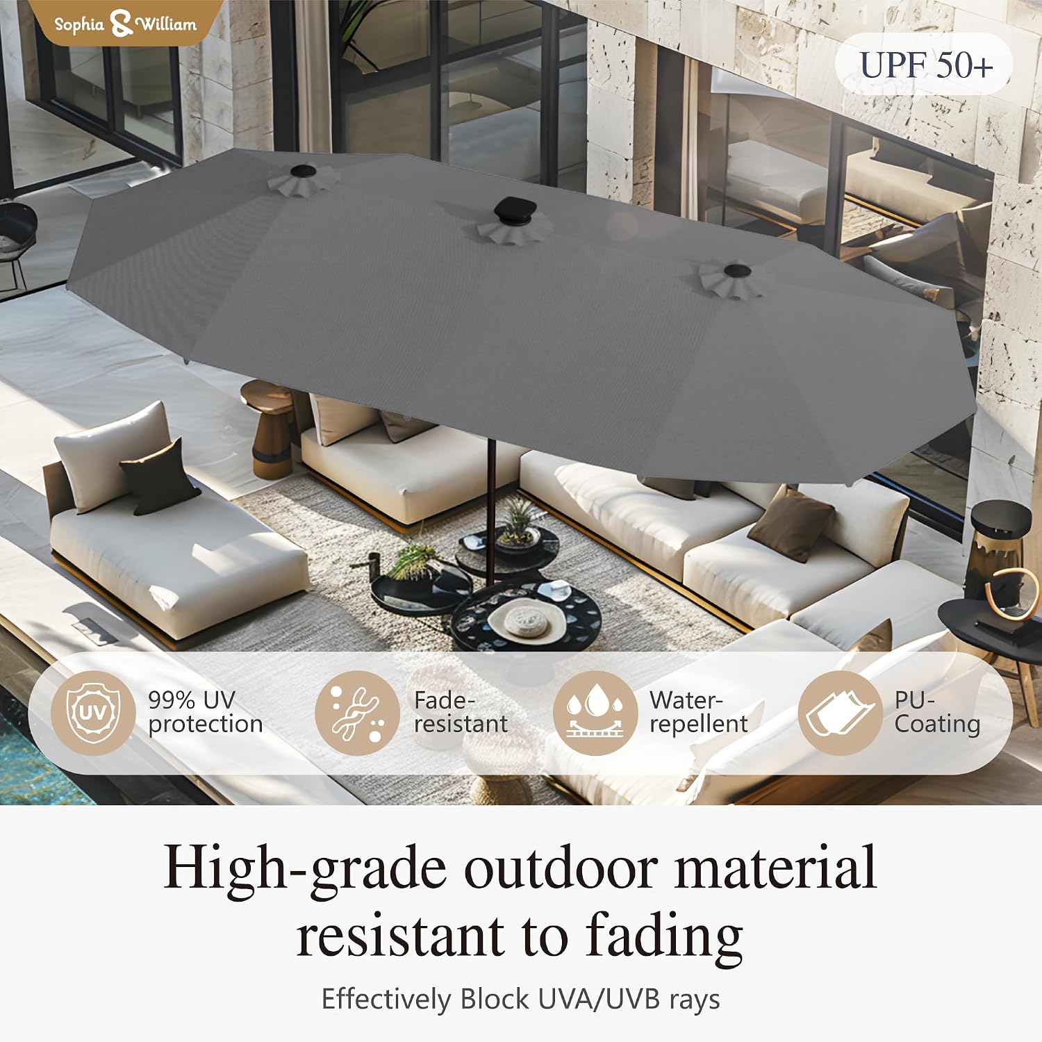 Sophia & William 13ft Outdoor Patio Umbrella with Solar Lights, Large Double-sided Umbrella with LED Lights, Perfect for Garden, Deck, Pool, Smoky Gray