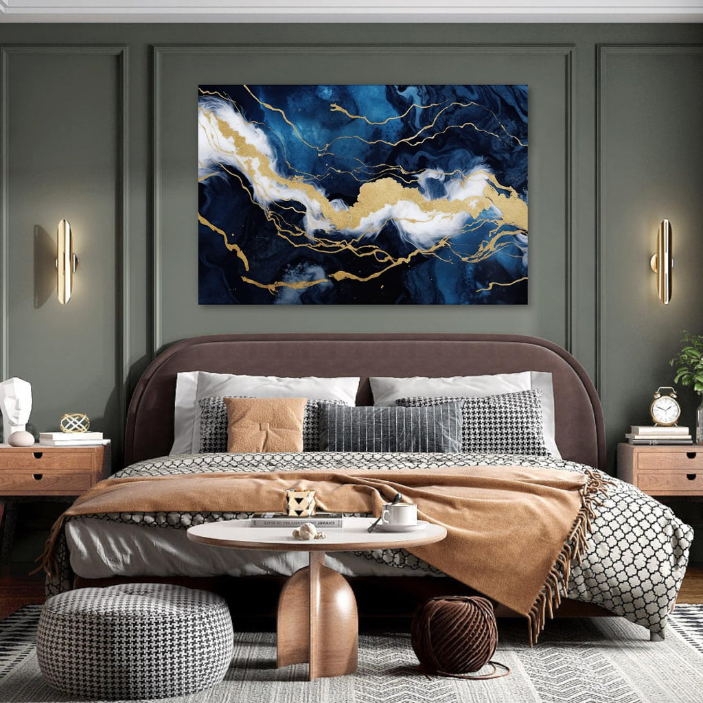 Large Abstract Wall Art Navy Blue and Gold Picture Living Room Decor Modern Marble Texture Painting Canvas Prints for Bedroom Bathroom Home Decor Framed(Abstract-3,28.00'x42.00')