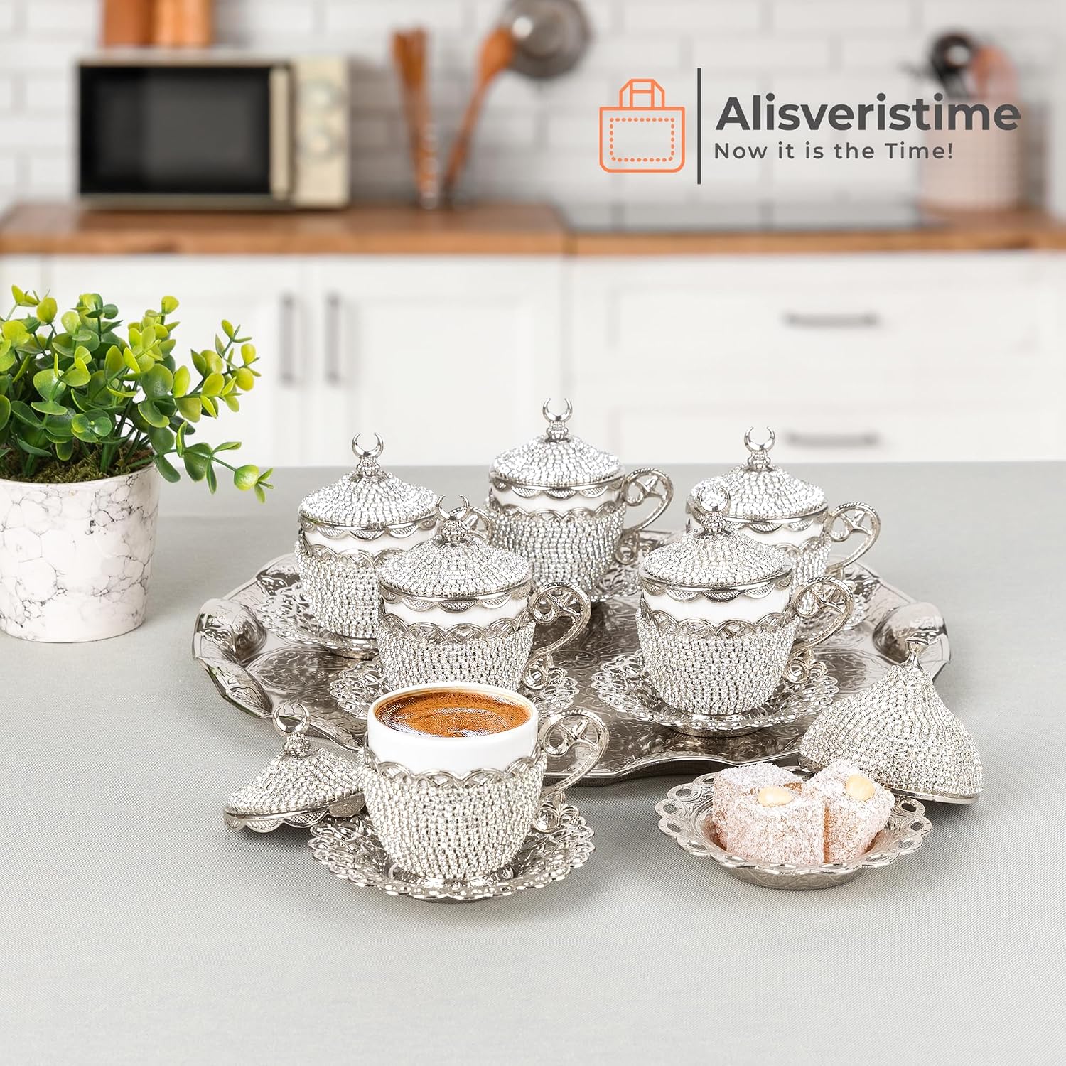 Alisveristime 27 Pc Ottoman Turkish Greek Arabic Coffee Espresso Serving Cup Saucer Crystal Set (Gelincik) - Handcrafted Traditional Set with Hilal Motifs (Silver)