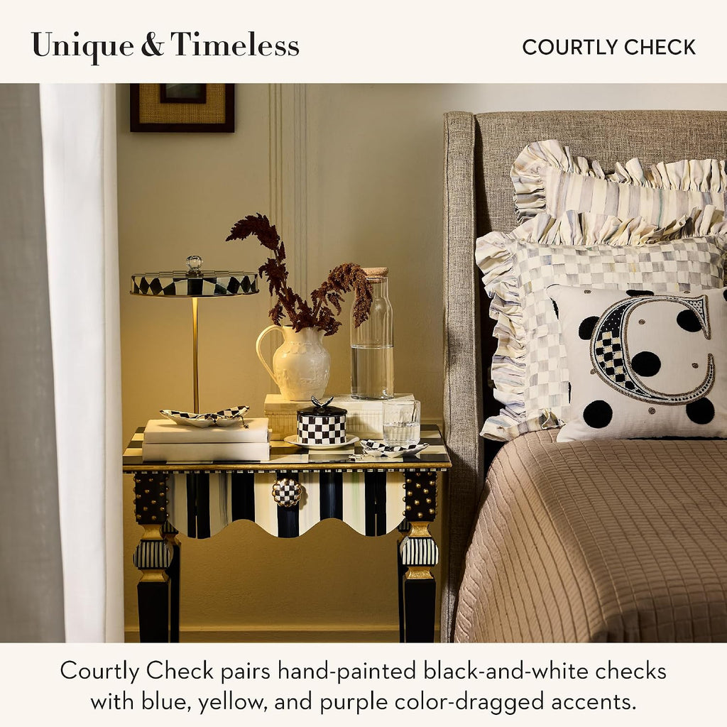 MACKENZIE-CHILDS LED Rechargeable Disk Table Lamp, Cordless Touch Lamp, Black-and-White Courtly Check