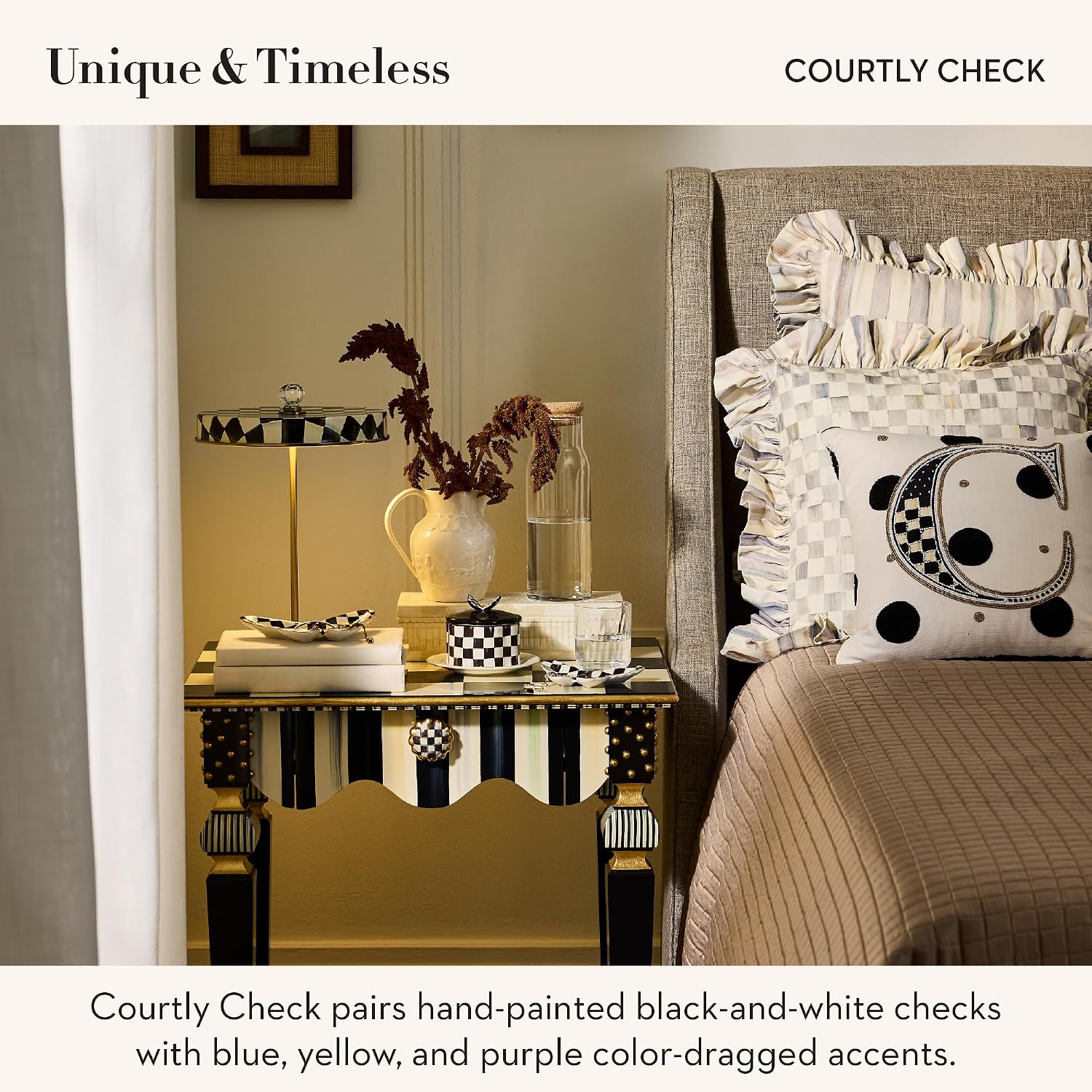 MACKENZIE-CHILDS LED Rechargeable Disk Table Lamp, Cordless Touch Lamp, Black-and-White Courtly Check