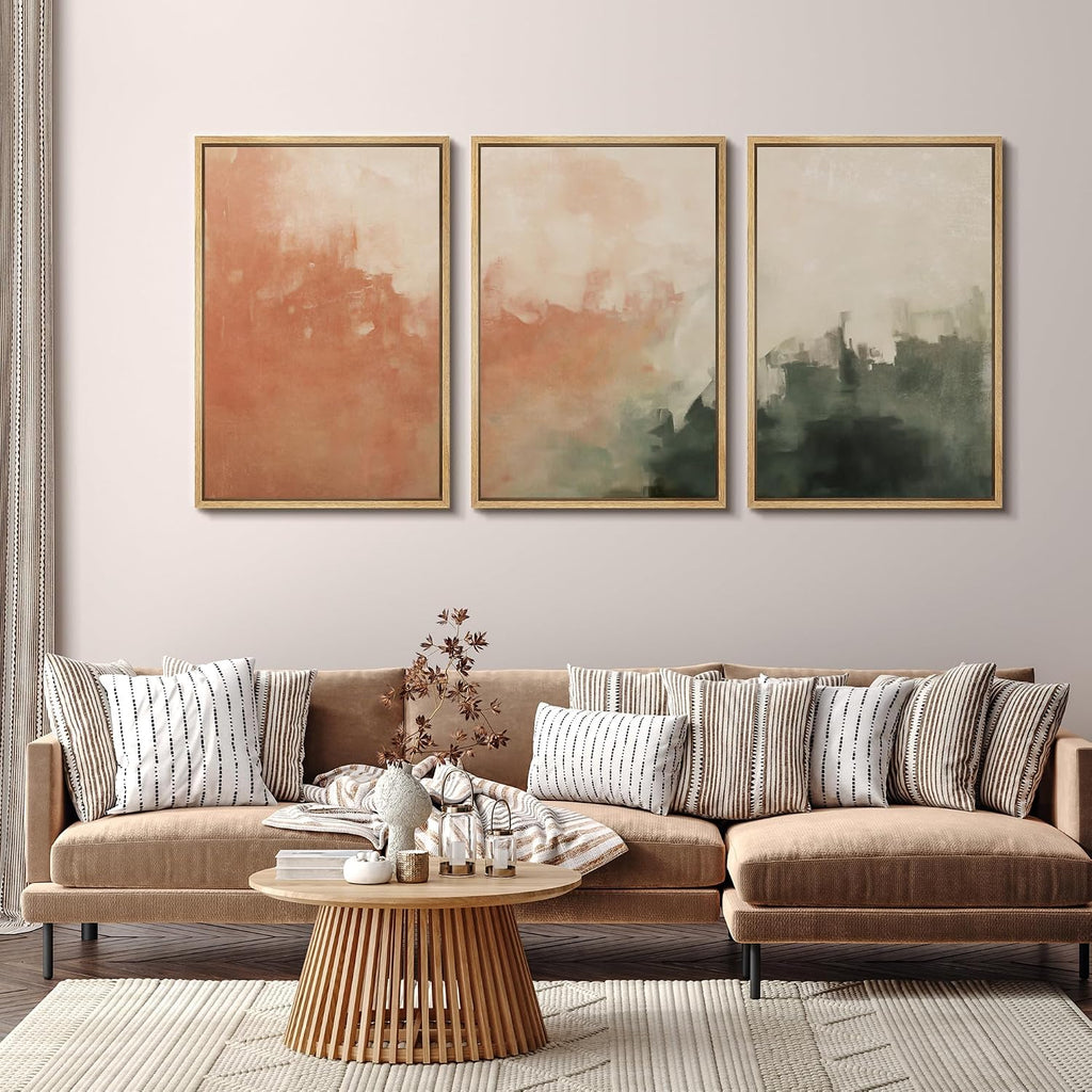 SIGNFORD Framed Canvas Print Wall Art Set Sunset Mist Abstract Coral and Green Illustrations Modern Art Relax/Calm for Living Room, Bedroom, Office - 24'x36'x3 Natural