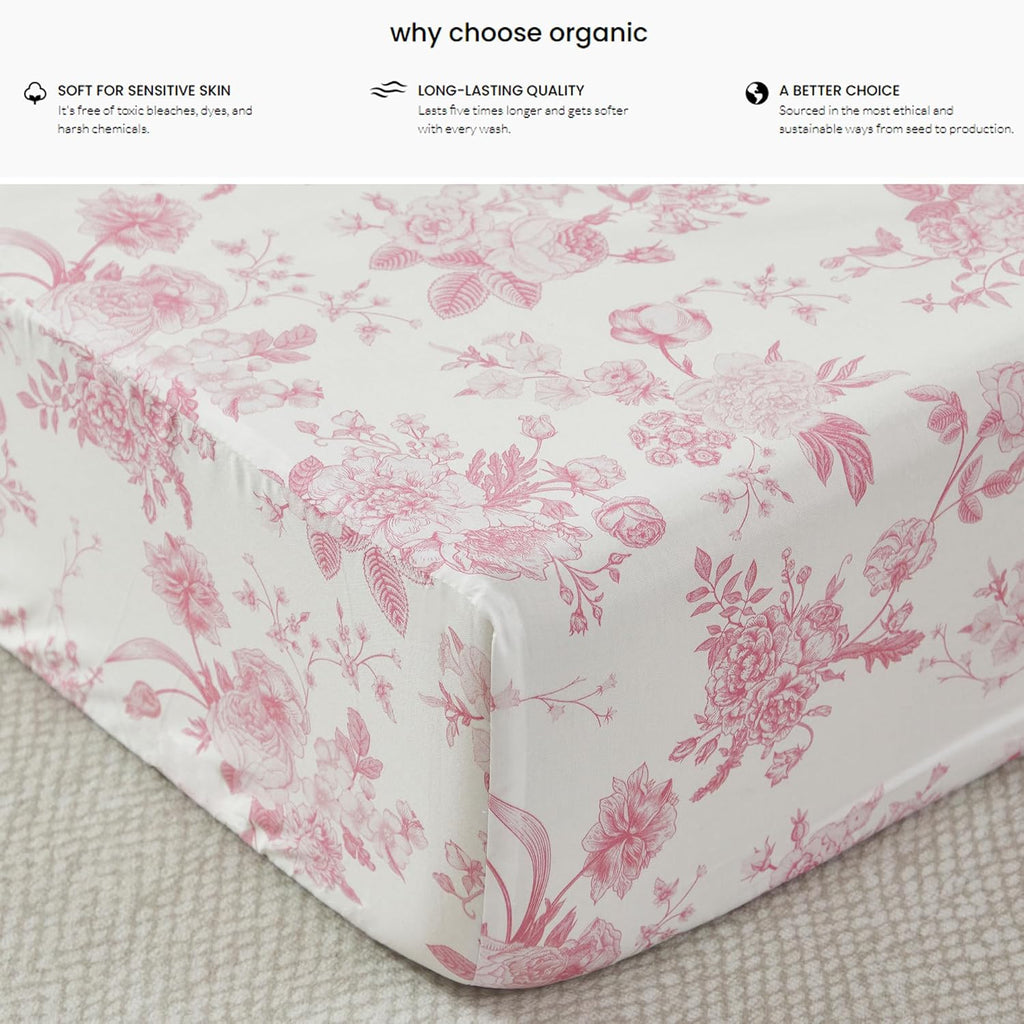 Brandream French Country Toile Crib Bedding Set for Girls Pink Grandmillennial Toile Vintage Floral Print 100% Cotton Baby Girl Nursery Bedding - Ruffles Quilt,Toile Crib Sheet,Crib Bed Skirt,3 Pieces