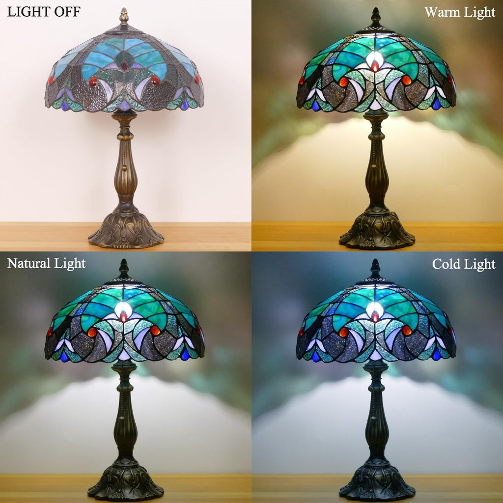Tiffany Lamp Stained Glass Table Lamp Antique Bedside Reading Light W12H19 Inches (Green Liaison)