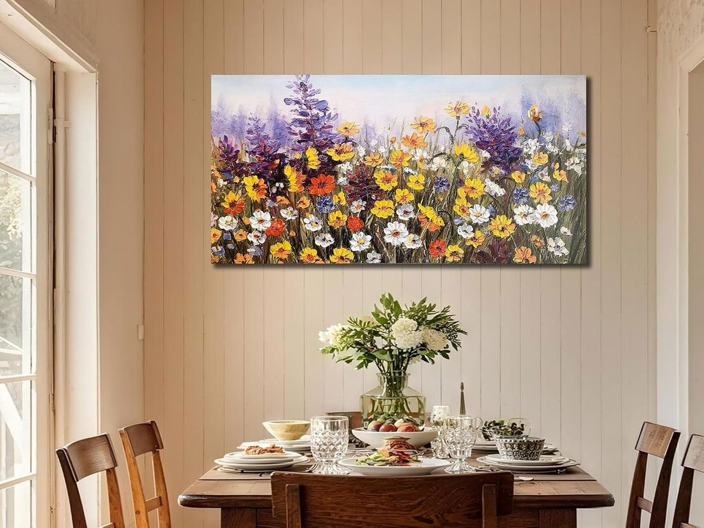 Ardemy Flower Canvas Wall Art for Living Room Extra Large Daisy Colorful Textured Picture Bedroom, Wildflower Painting Purple Yellow Floral Artwork Framed for Home Office Wall Decor 58'x29'