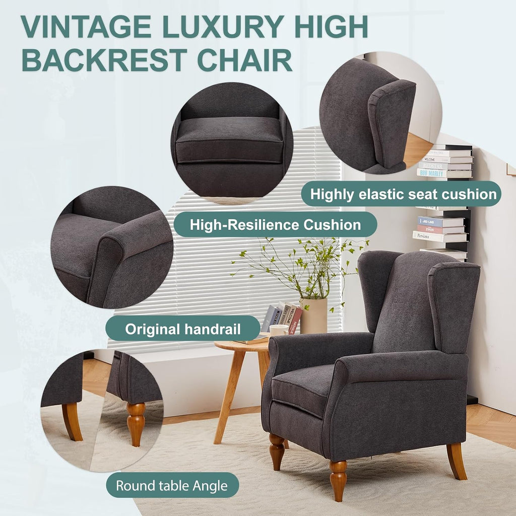 Mid-Century High Wingback Chair,Modern Fabric Accent Chair Armchair with Solid Wood Coffee Table Set,Leisure Single Sofa Chair for Living Room,Club,Home Reception,Antique Dark Grey